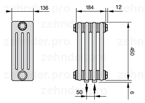 Схема (чертеж) Радиатор Zehnder Charleston 4045/4 №5410 Белый глянцевый RAL 9016